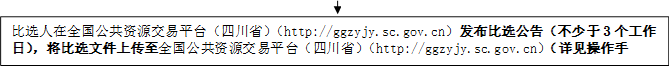 比選人在全國公共資源交易平臺（四川?。╤ttp://ggzyjy.sc.gov.cn）發(fā)布比選公告（不少于3個工作日），將比選文件上傳至全國公共資源交易平臺（四川?。╤ttp://ggzyjy.sc.gov.cn）（詳見操作手冊）。

